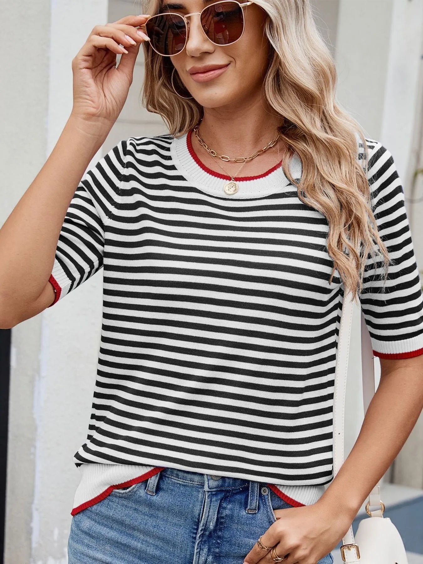 Sarah Express Women's Striped Casual T-Shirt with Contrast Trim