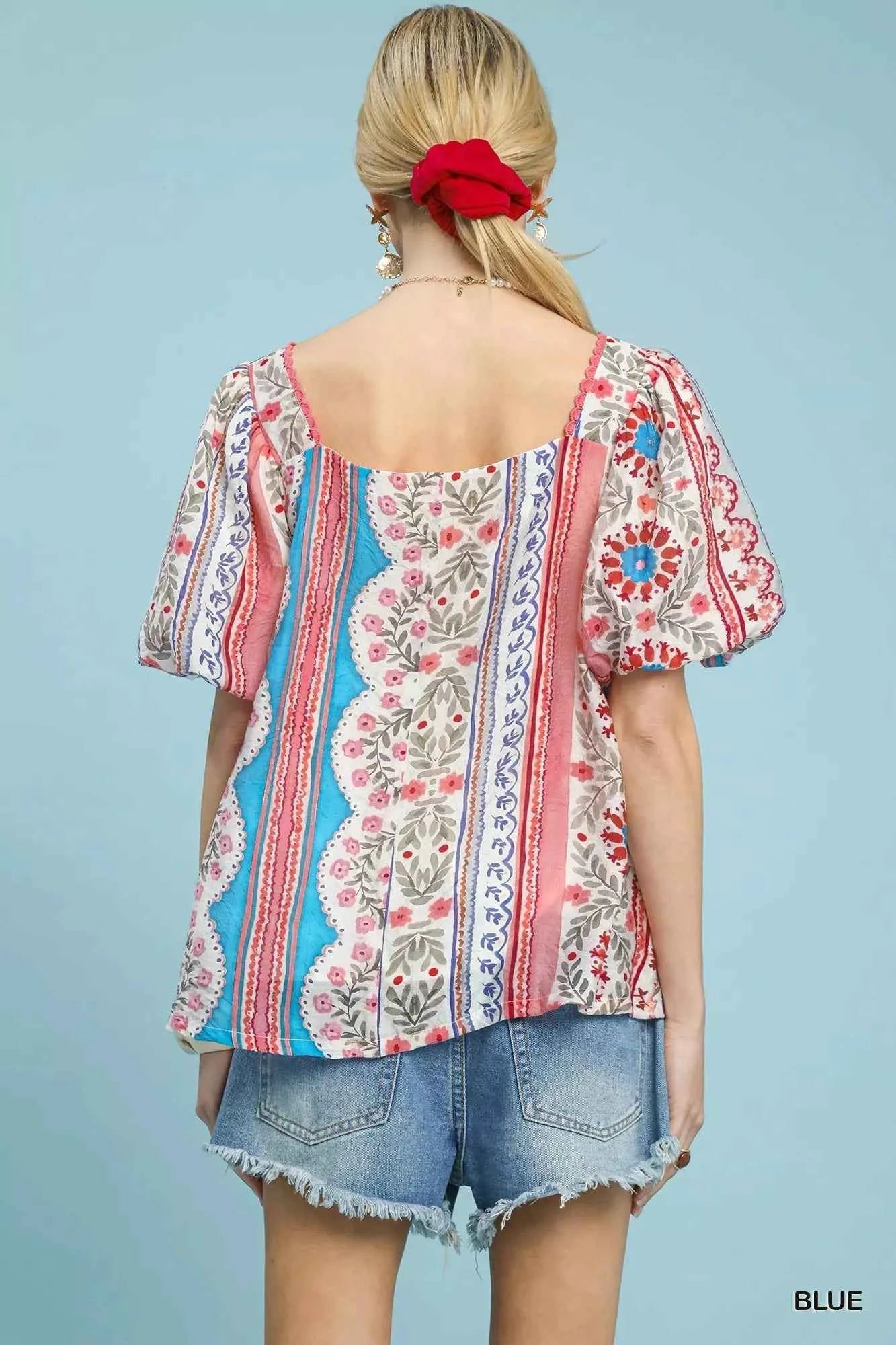 Sarah Express Women's Patchwork Puff Sleeve Smocked Blouse - Floral Stripe Square Neck Top