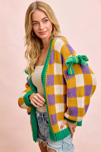 Sarah Express Women's Mardi Gras Checkerboard Front Open Cardigan
