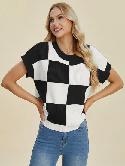 Sarah Express Women's Checkered Round Neck Short Sleeve Sweater