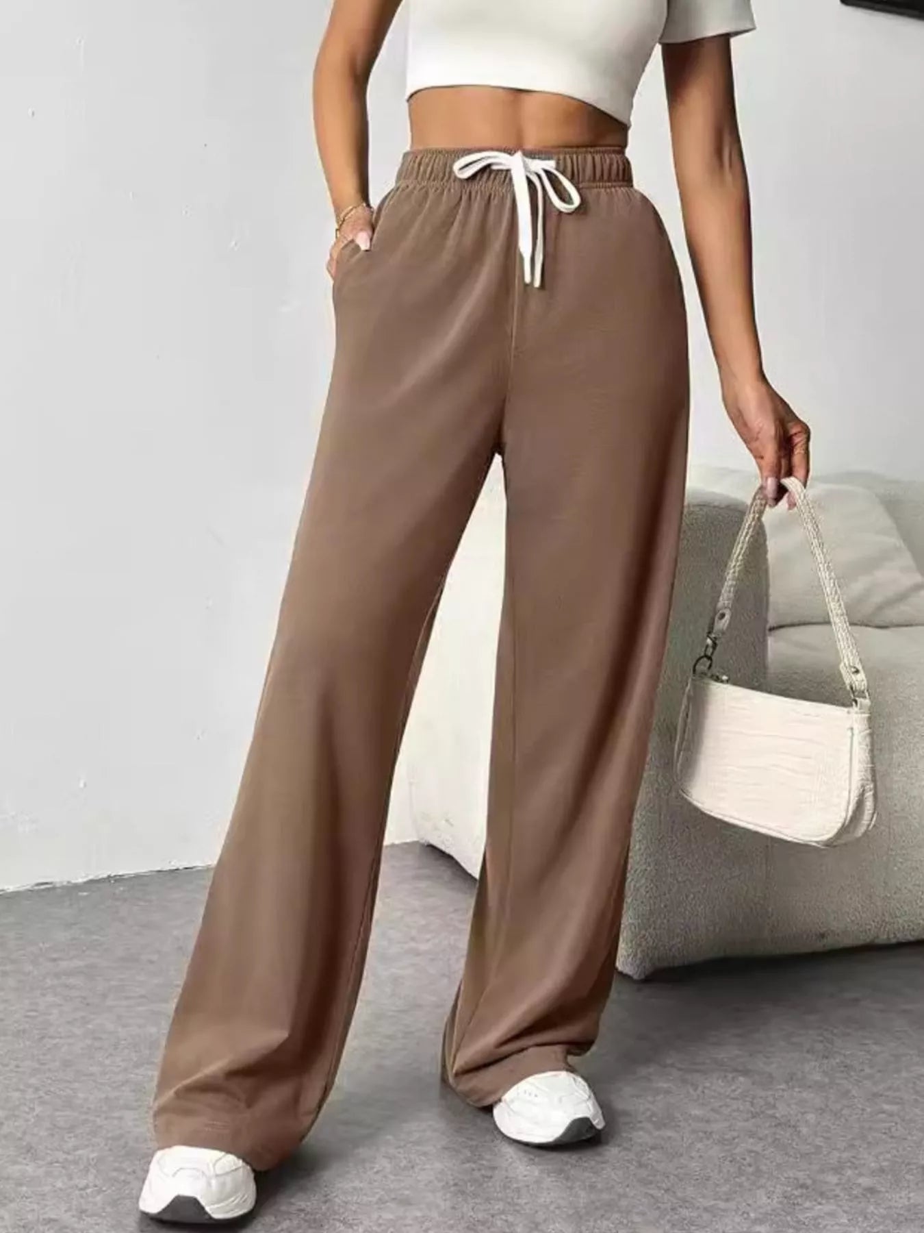 Trendsi Women's Drawstring Wide Leg Pants Brown