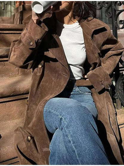 Sarah Express Women's Vintage Double Breasted Tie Waist Coat - Belted Trench Coat