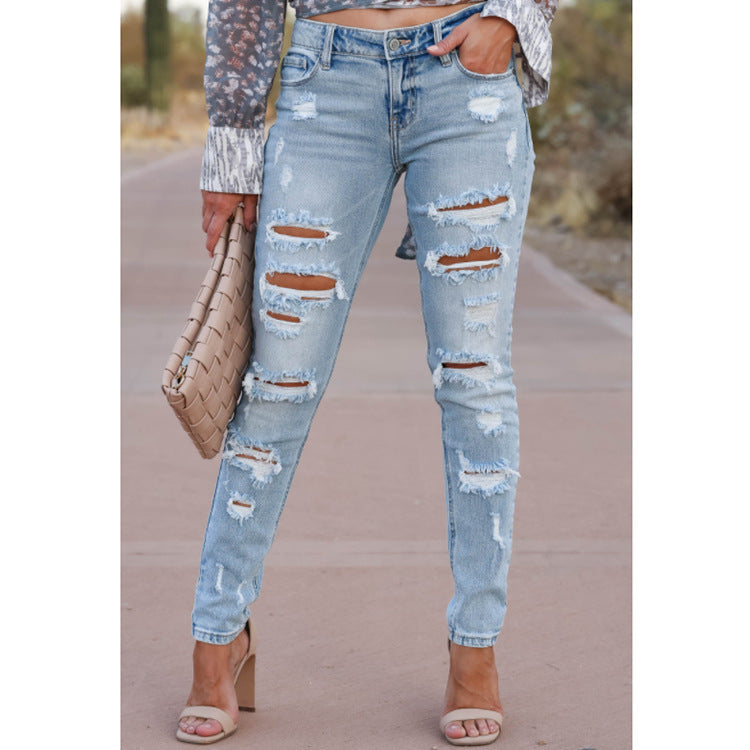 Sarah Express Women's Distressed Skinny Pants Mid Waist Cotton Ripped Denim Trousers Street Style