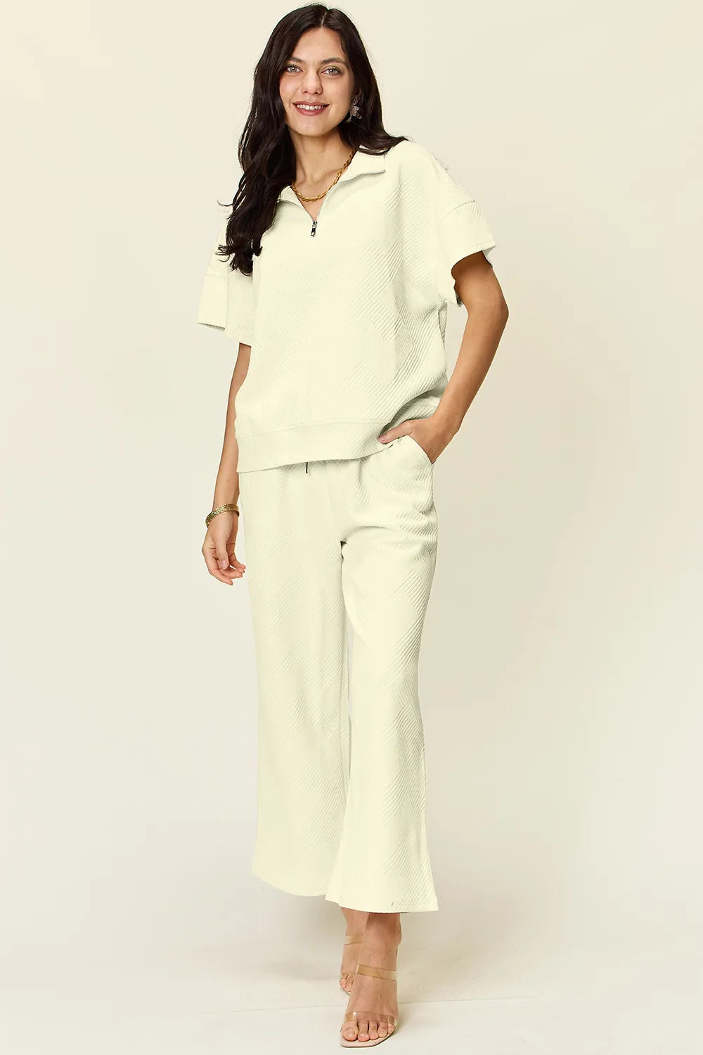 Sarah Express Women’s Plus Size Textured Half Zip Top and Pants Set

