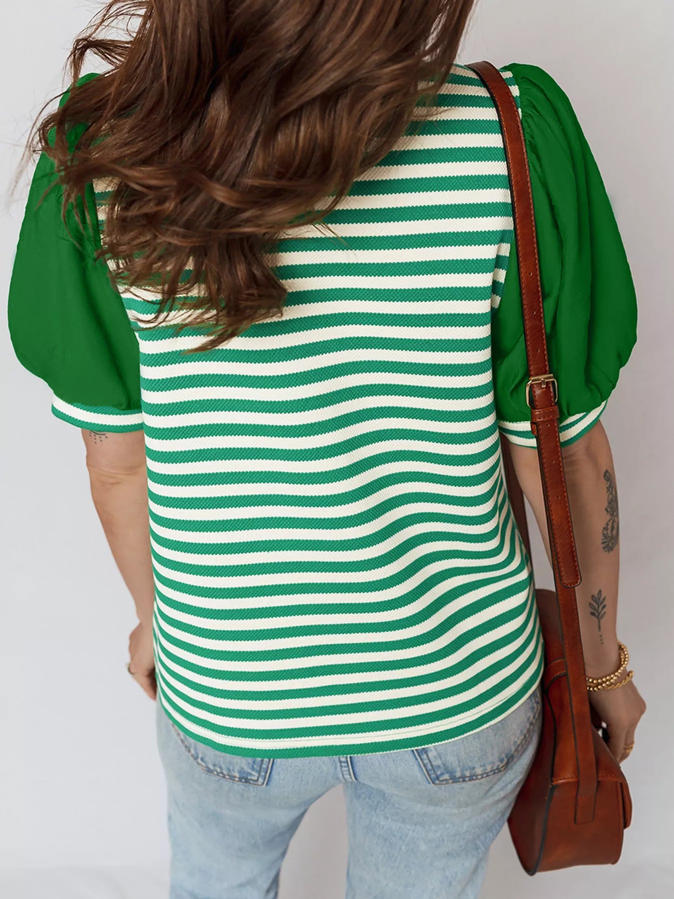 Sarah Express Women's Stripe Puff Short Sleeve Patchwork V Neck Blouse