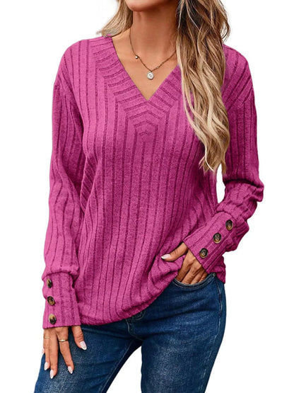 Sarah Express Women's Ribbed Knit V-Neck Top with Decorative Buttons Cerise