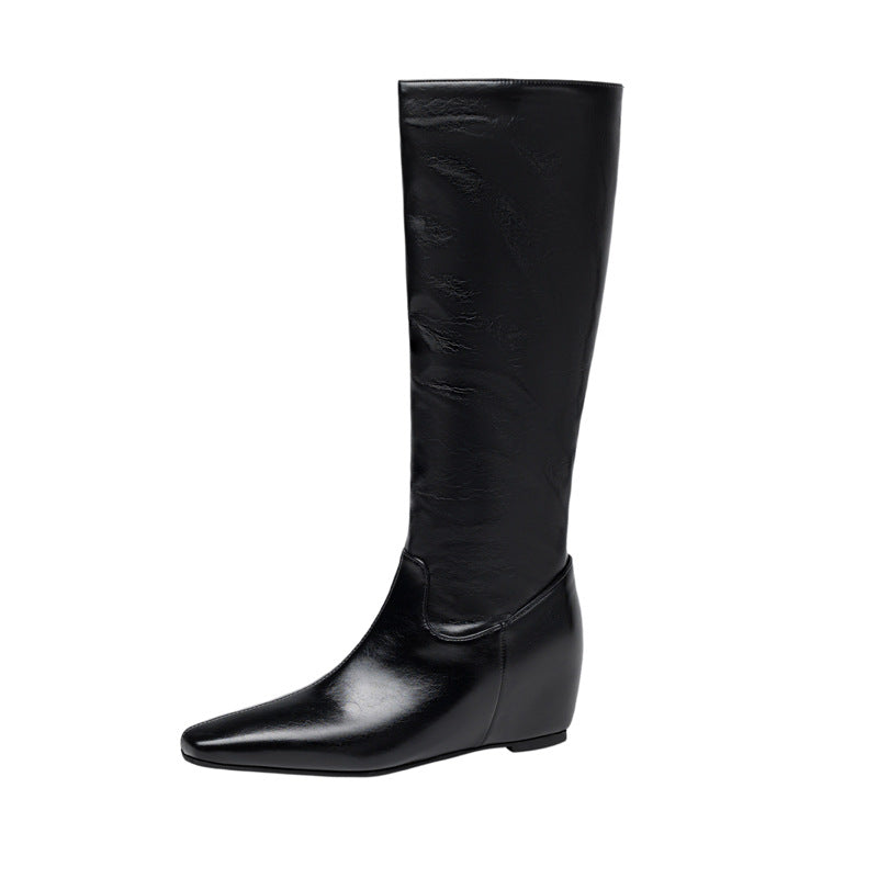Sarah Express Women's Winter Wedge Heel Pointed-Toe Boots | Slip-On Elegant Shoes | Black & Beige Black