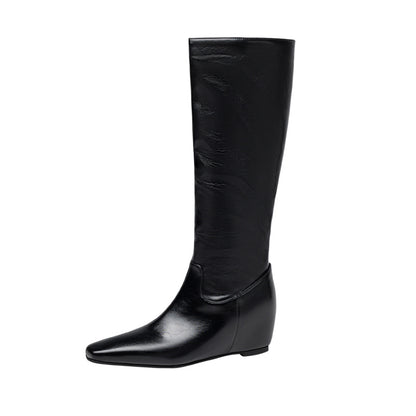 Sarah Express Women's Winter Wedge Heel Pointed-Toe Boots | Slip-On Elegant Shoes | Black & Beige Black