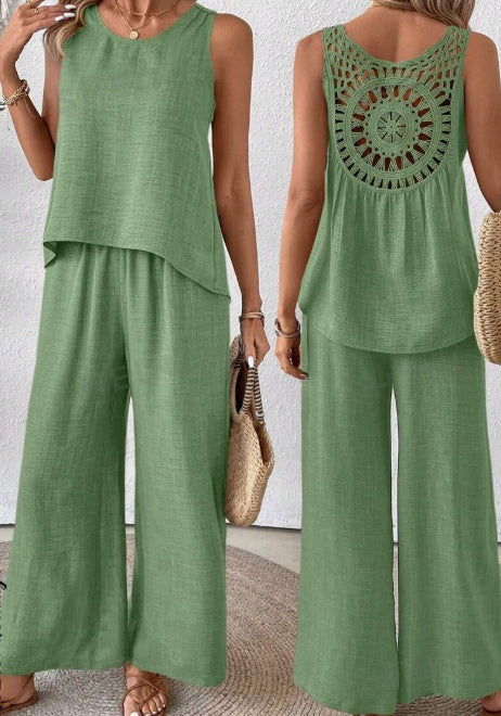 Sarah Express Solid Tank Top Wide Leg Pants Set 2 Piece Summer Vacation Polyester