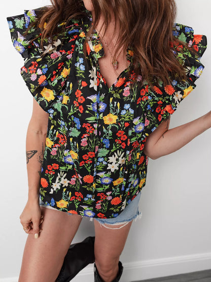 Sarah Express Women's Tiered Flutter Sleeve V-Neck Floral Blouse