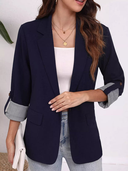Sarah Express Women's Lapel Collar Roll-Up Sleeve Blazer Navy Blue
