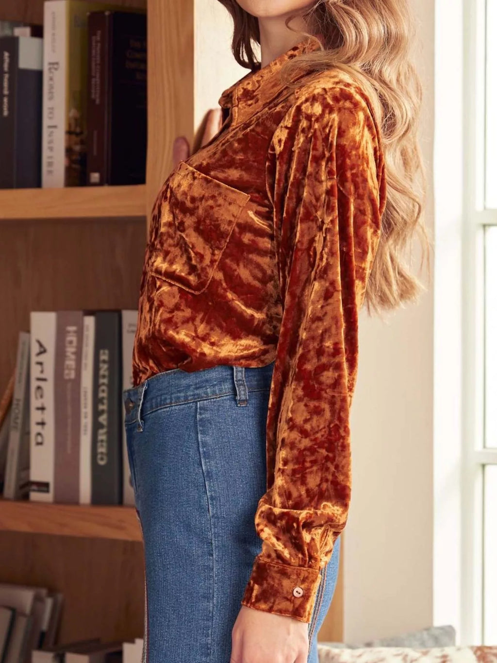 Sarah Express Women's Velvet Button-Down Long Sleeve Shirt