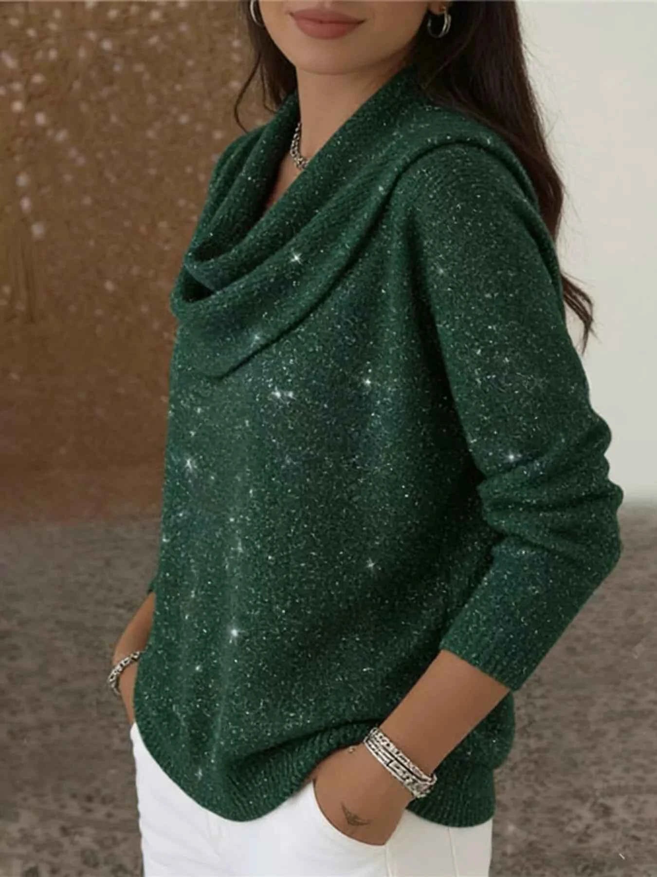 Sarah Express Women's Glitter Cowl Neck Long Sleeve Sweater Plus Size