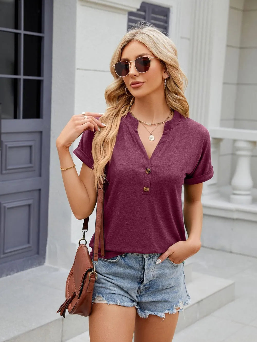 Sarah Express Women's Florira Notched Short Sleeve T-Shirt Deep Purple