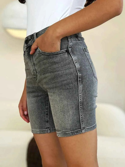 Sarah Express Women's High Waist Washed Denim Shorts - Judy Blue Premium Vintage Casual Summer Cutoffs