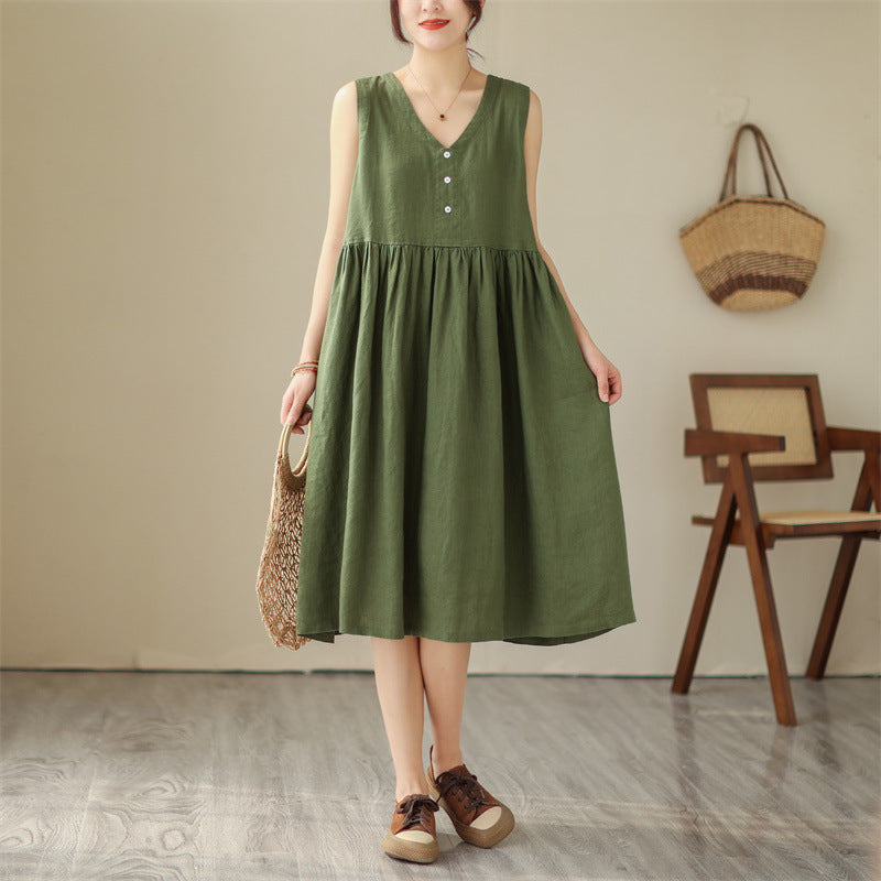 Sarah Express Women's Cotton Linen V-Neck Sleeveless Midi Dress Japanese Style Loose Fit Summer