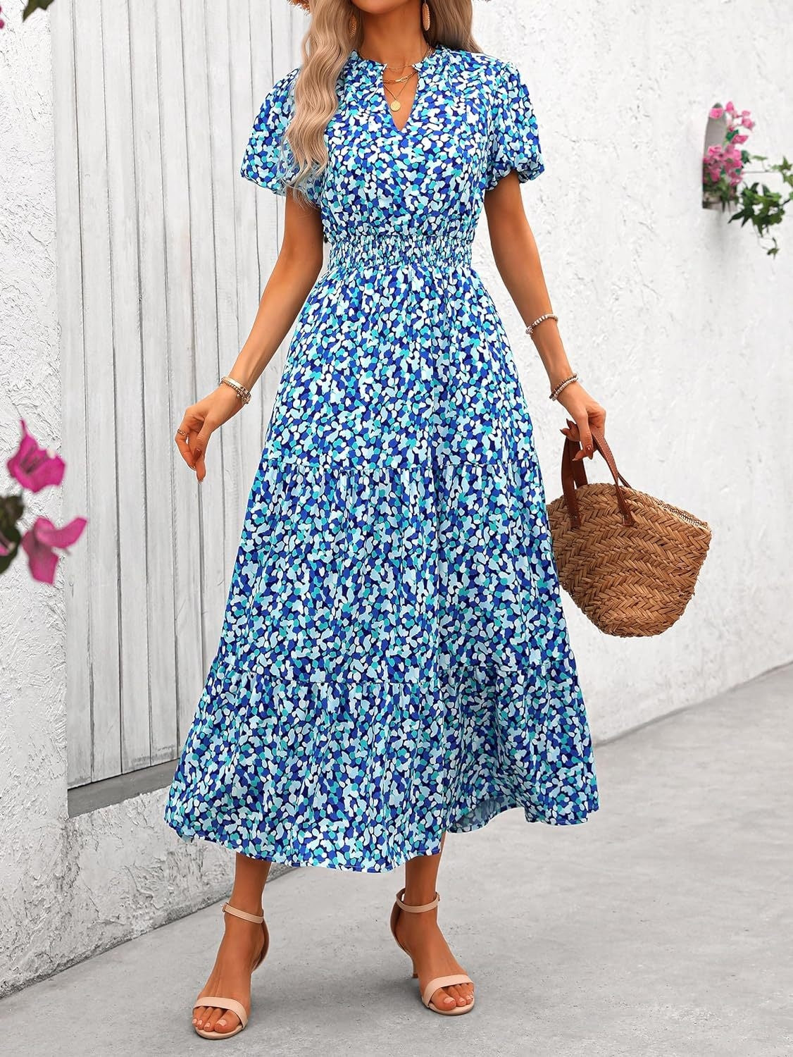 Sarah Express Floral V-Neck Bubble Pleated Maxi Dress Elastic Waist Short Sleeve