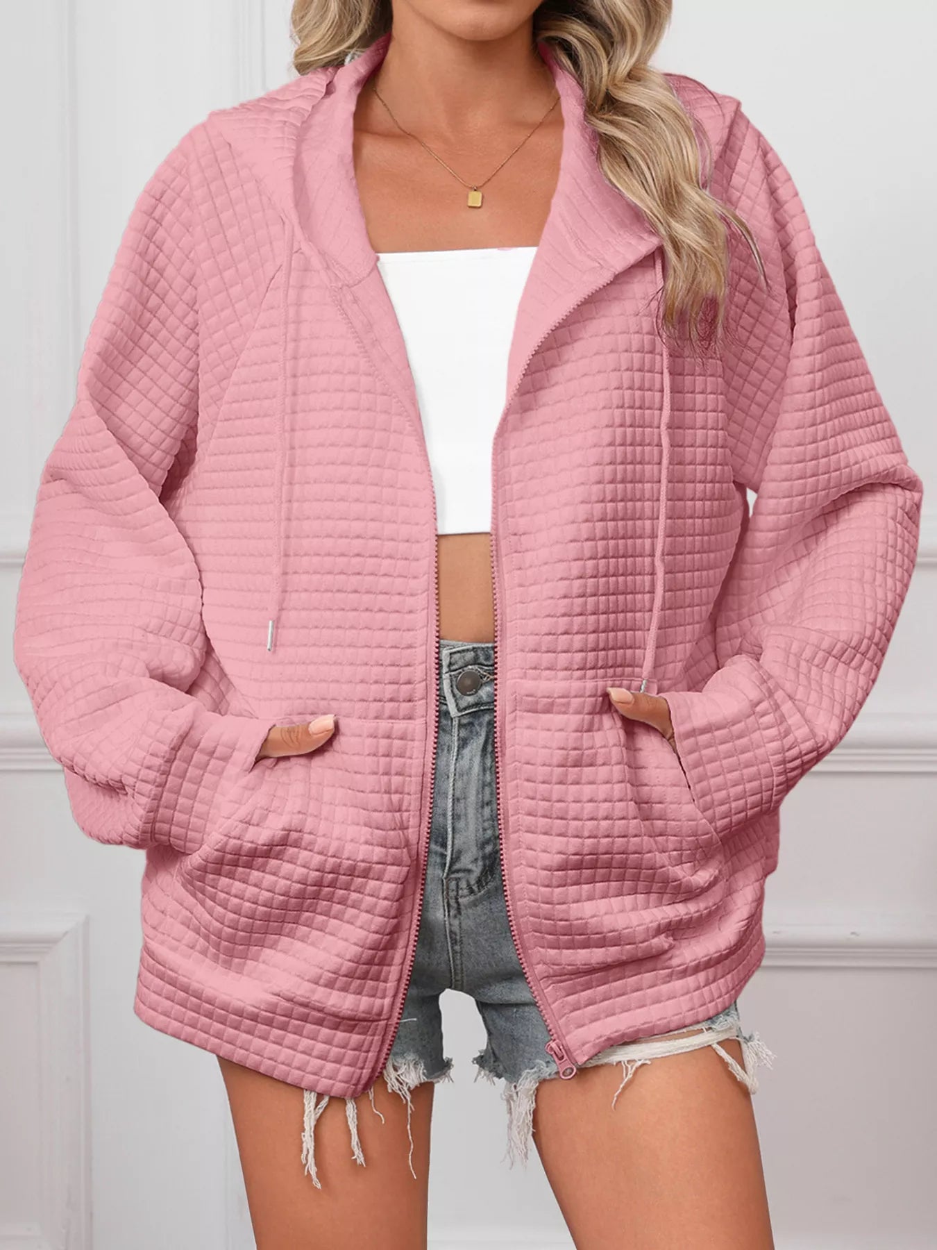 Sarah Express Women's Textured Quilted Zip-Up Hooded Jacket - Plus Size Lightweight Outerwear