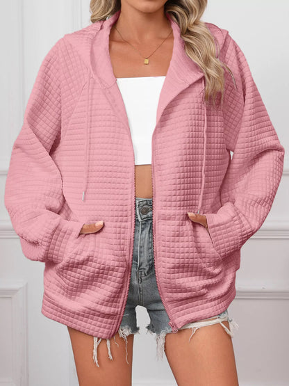 Sarah Express Women's Textured Quilted Zip-Up Hooded Jacket - Plus Size Lightweight Outerwear