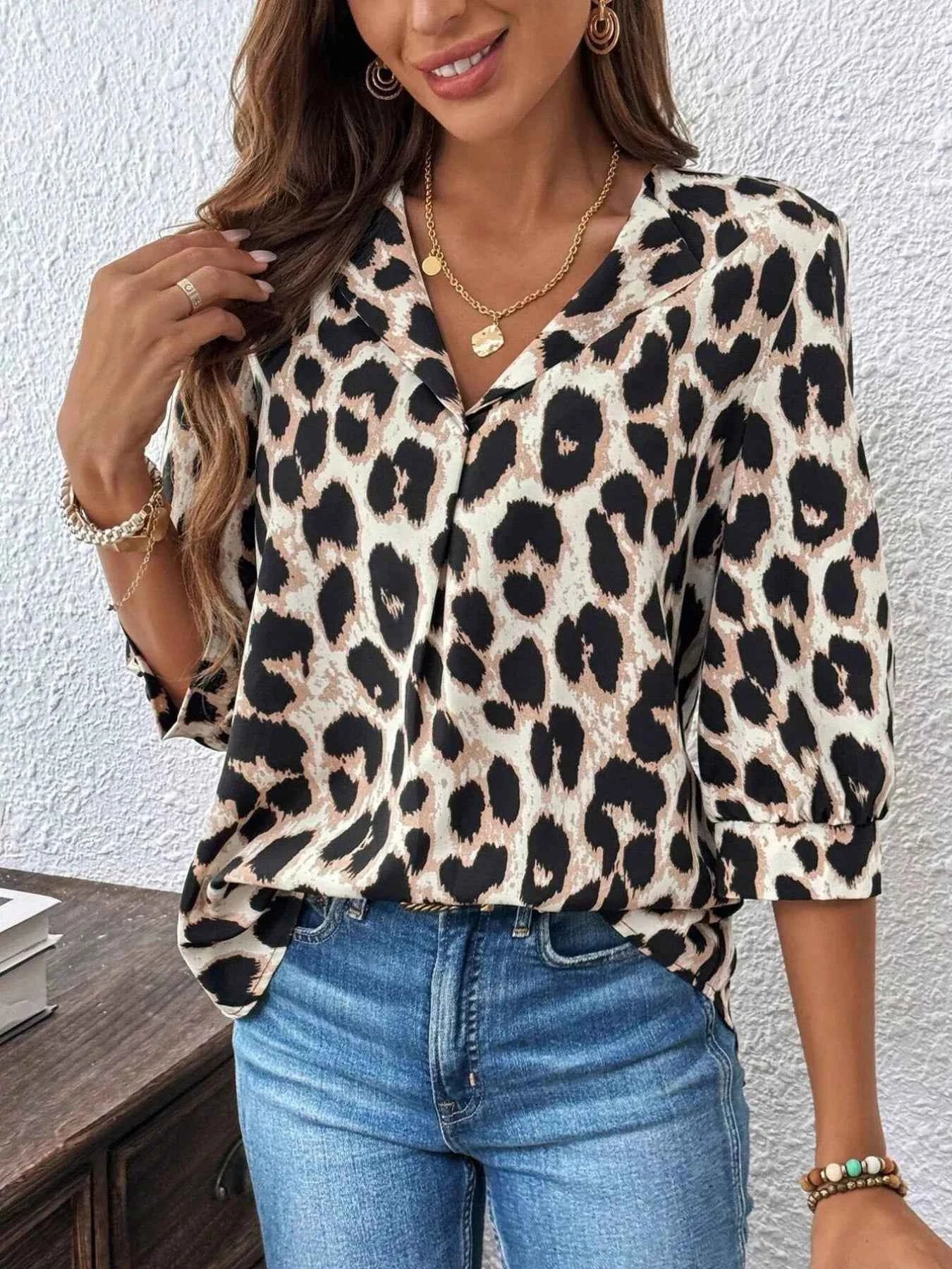 Sarah Express Women's Leopard Print 3/4 Sleeve Blouse - Button Front Top Leopard