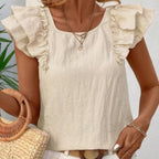 Sarah Express Textured Bow Knot Butterfly Sleeve Blouse Women's Frilled Top