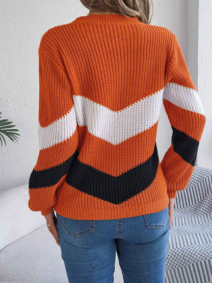 Sarah Express Women's Color Block Lantern Sleeve Pullover Sweater - Casual Knitwear