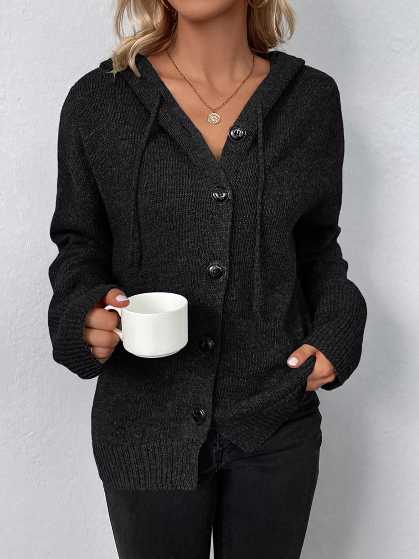 Sarah Express Women's Cozy Knit Hooded Button-Down Cardigan Black