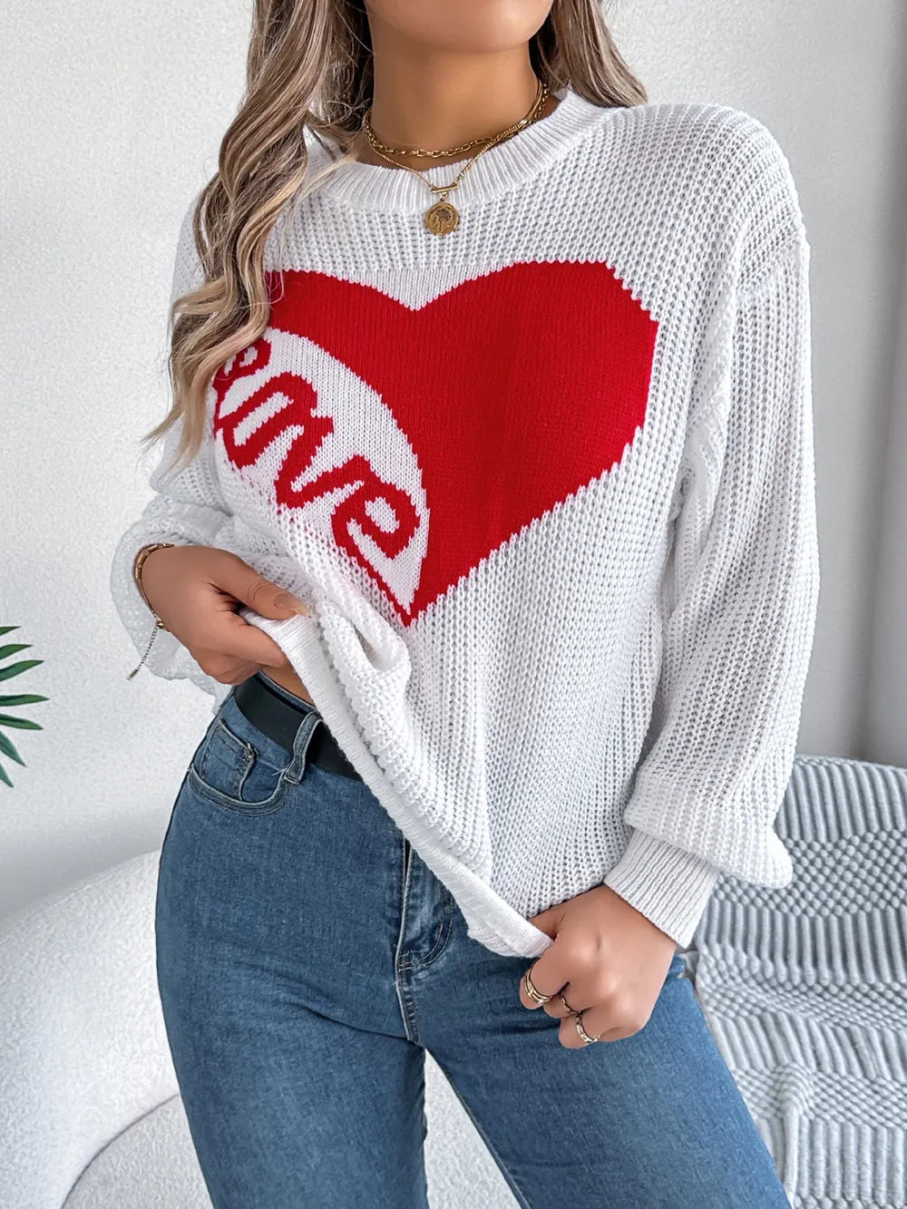 Sarah Express Women's LOVE Heart Round Neck Dropped Shoulder Sweater White