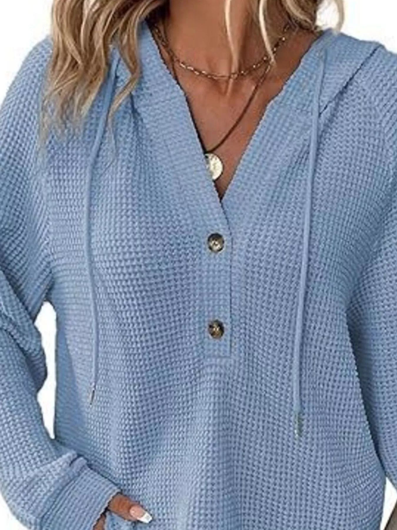 Sarah Express Women's Button Detail Waffle Knit Hoodie - Plus Size Drawstring Pullover with Pockets