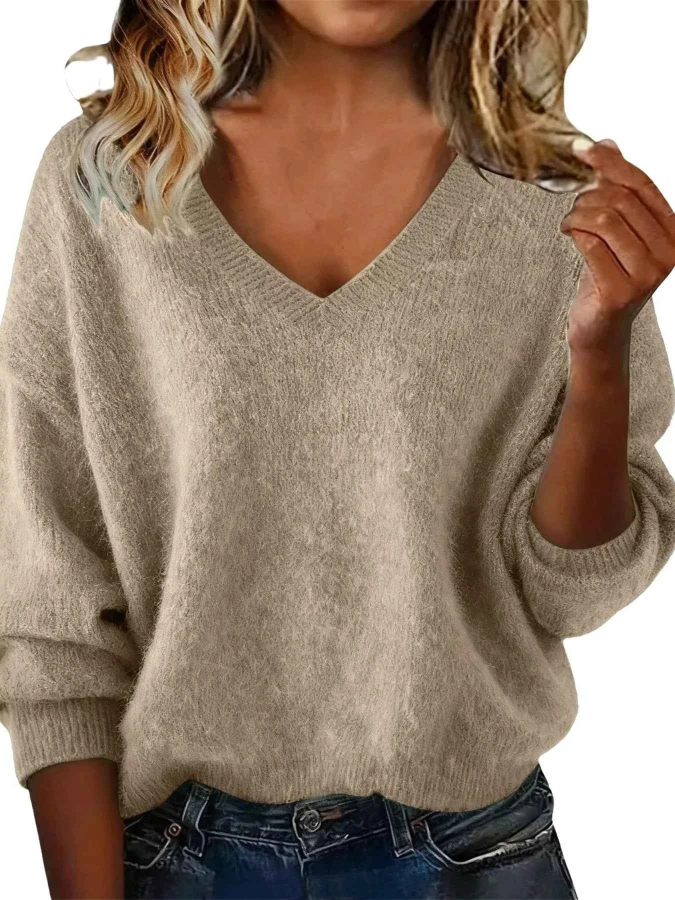 Sarah Express Women's V-Neck Dropped Shoulder Sweater - Plus Size Apricot