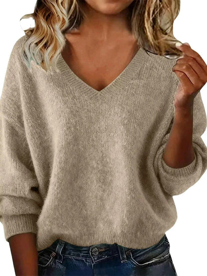 Sarah Express Women's V-Neck Dropped Shoulder Sweater - Plus Size Apricot
