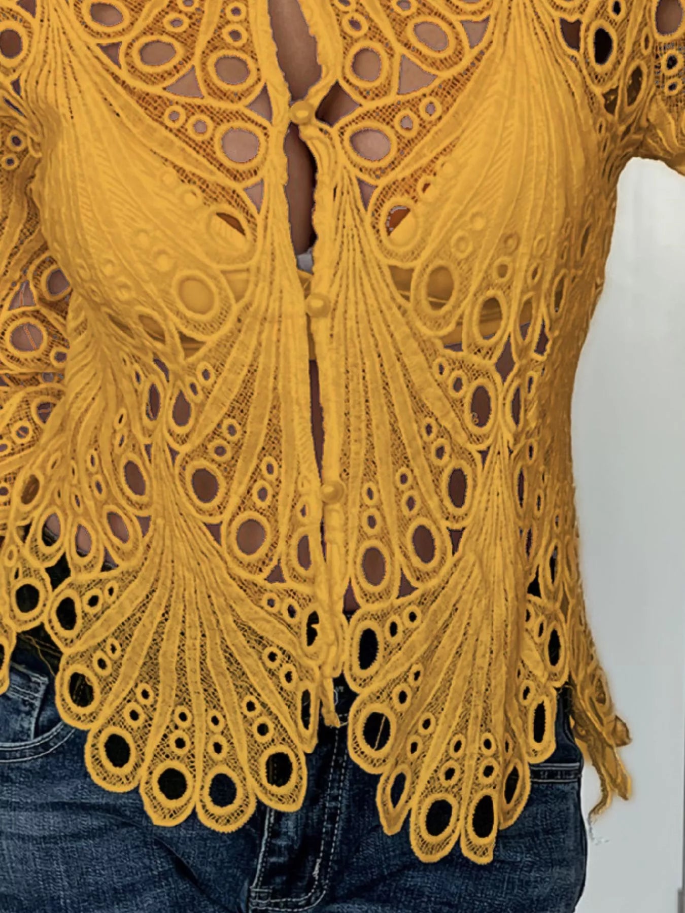 Sarah Express Women's Lace Button Up Long Sleeve Shirt - Elegant Openwork Blouse