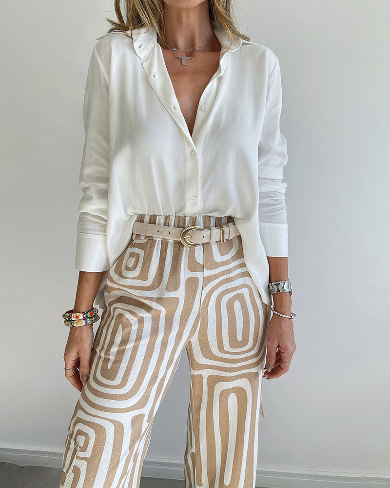 Sarah Express Women's 2-Piece Suit Set Lapel Shirt Wide Leg Pants Printed