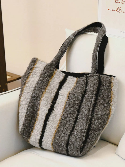 Sarah Express Women's Reversible Striped Plush Tote Bag Dark Gray ONESIZE