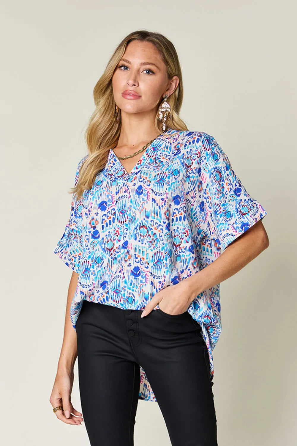 Sarah Express Women's Printed V-Neck Short Sleeve Blouse Sky Blue