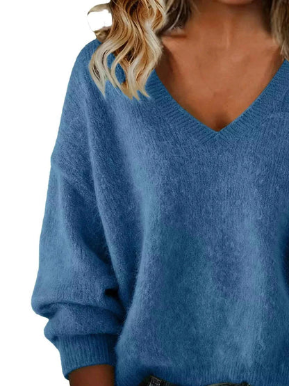 Sarah Express Women's V-Neck Dropped Shoulder Sweater - Plus Size