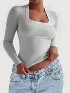 Sarah Express Women's Square Neck Long Sleeve Ribbed T-Shirt White Flower Ash