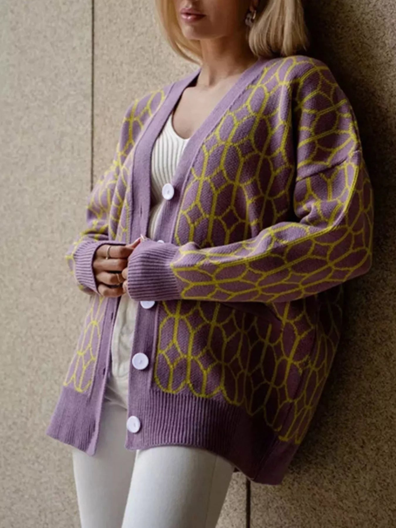 Sarah Express Women's Geometric Patterned Button-Down Cardigan - Cozy Knit Sweater