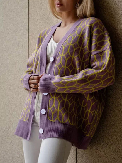 Sarah Express Women's Geometric Patterned Button-Down Cardigan - Cozy Knit Sweater