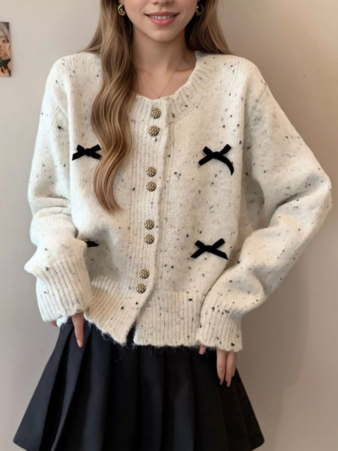 Sarah Express Women's Bow Button Up Ribbed Hem Cardigan