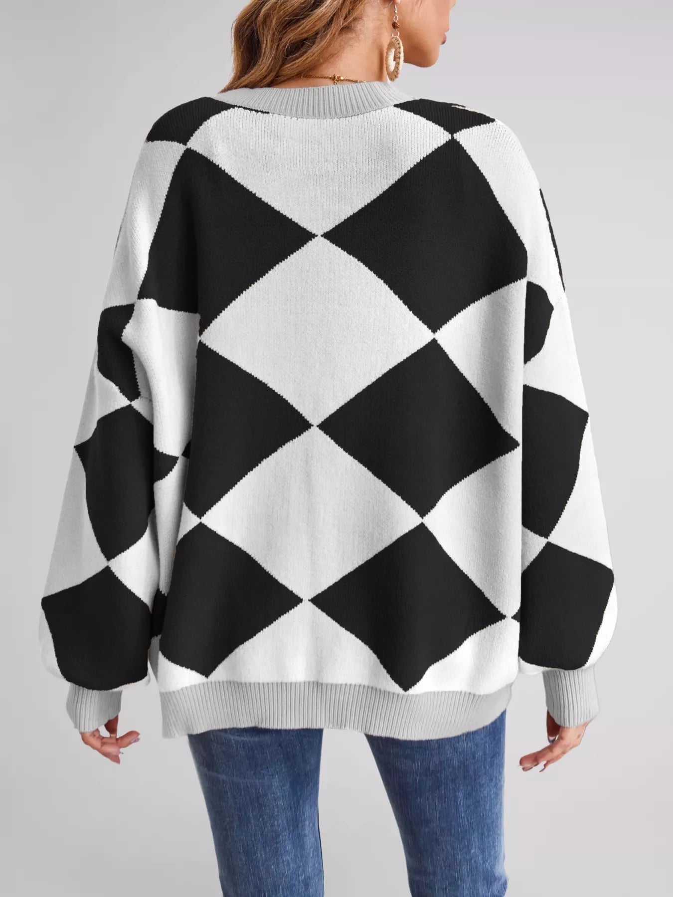 Sarah Express Women's Diamond Pattern Button-Up Knit Cardigan