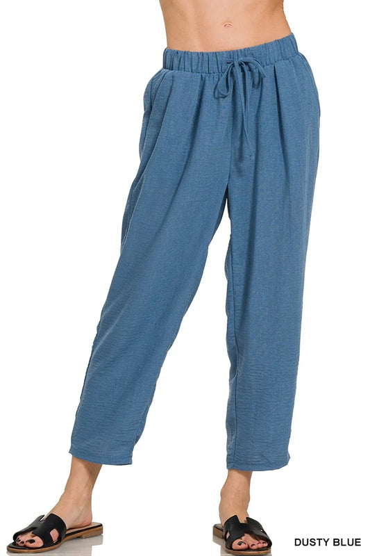 Sarah Express Women's Woven Crepe Elastic Waist Pants with Pockets DUSTY BLUE