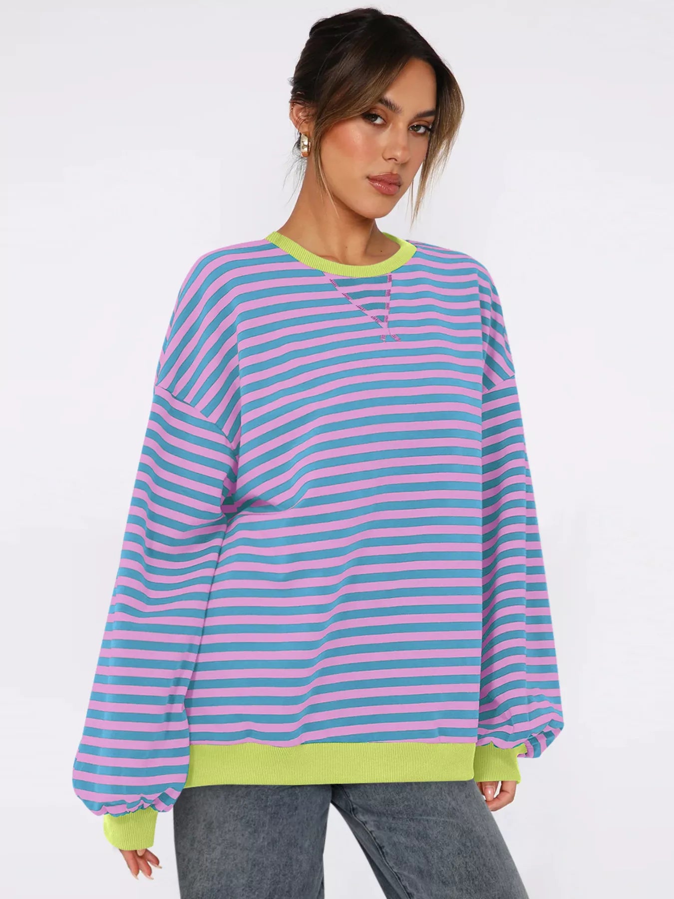 Sarah Express Women's Striped Round Neck Long Sleeve Sweatshirt
