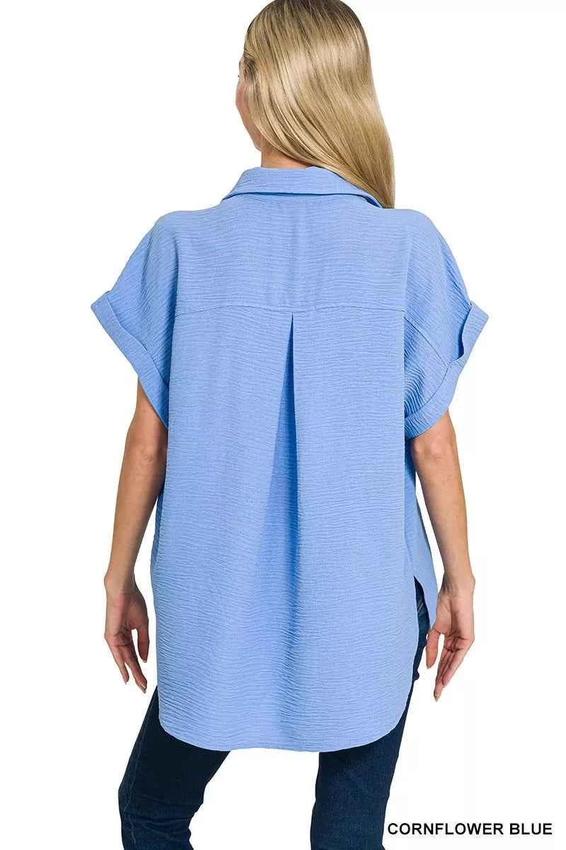 Sarah Express Women's Woven Airflow Button Down Shirt - Lightweight Breathable Blouse