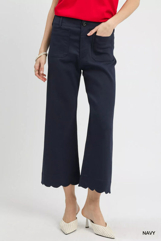 Sarah Express Women's Scallop Hem Wide Leg Pants - High Waist Palazzo Trousers NAVY