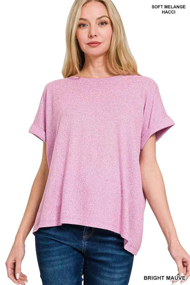 Sarah Express Women's Soft Melange Hacci Short Sleeve Round Neck Top - Comfortable Everyday Wear