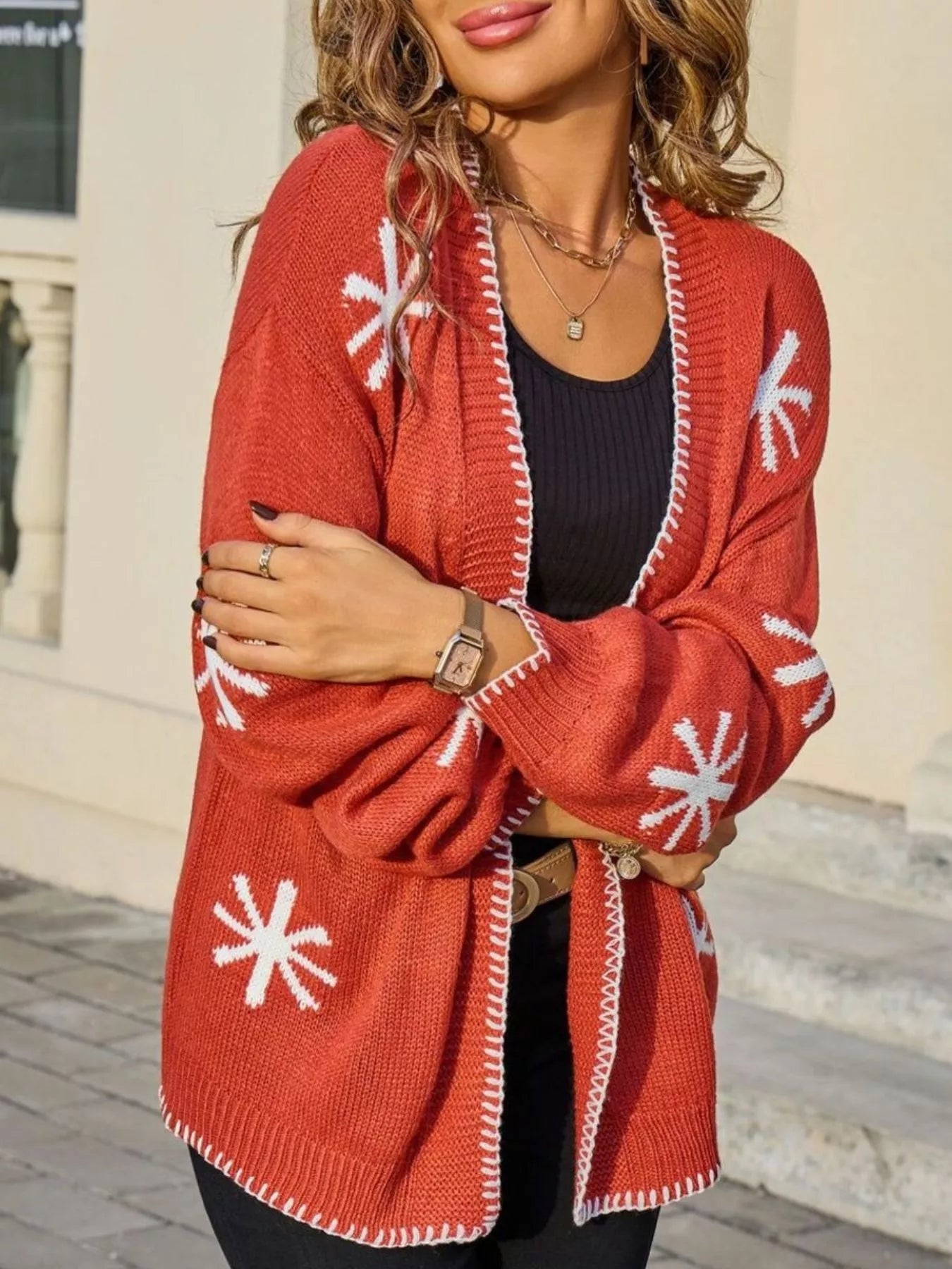 Sarah Express Women's Floral Open Front Knit Cardigan Sweater