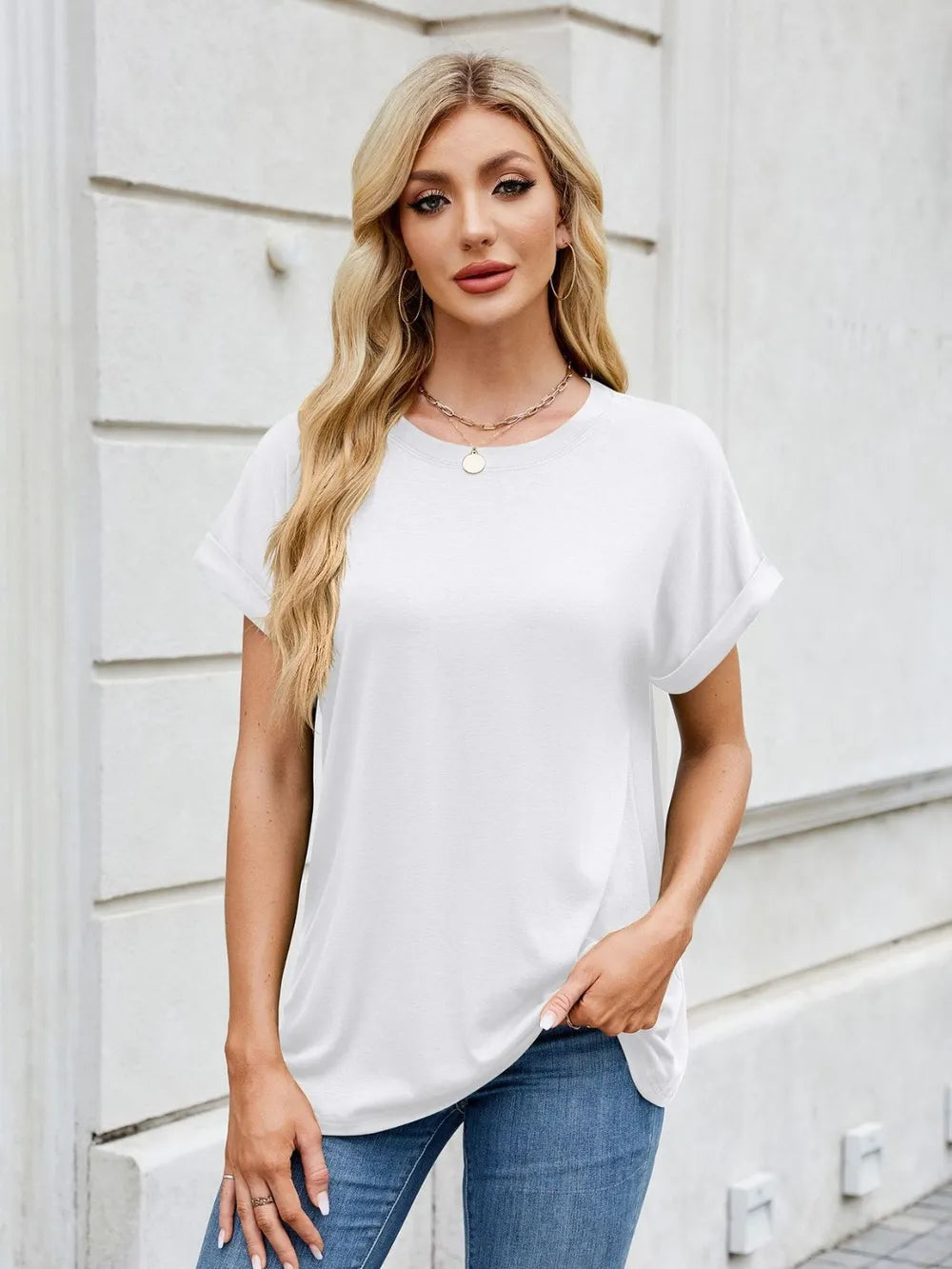 Sarah Express Women's Round Neck Short Sleeve T-Shirt - Casual Basic Tee White