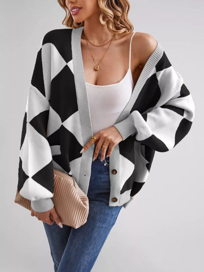 Sarah Express Women's Diamond Pattern Button-Up Knit Cardigan