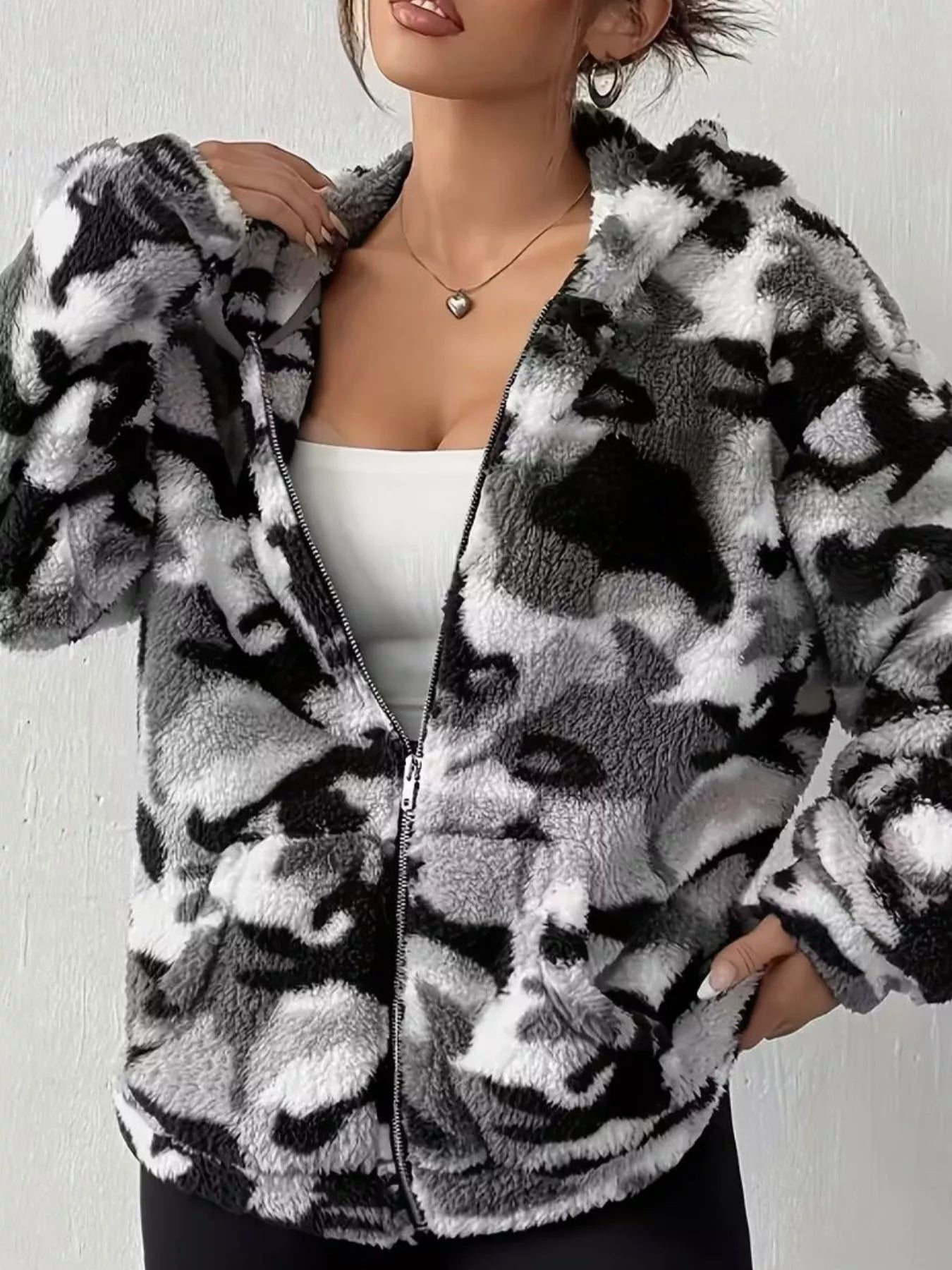 Sarah Express Women's Fuzzy Camo Zip-Up Hoodie Gray